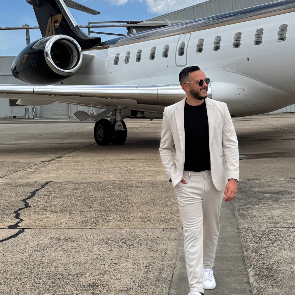 Mario Malik standing beside a private jet